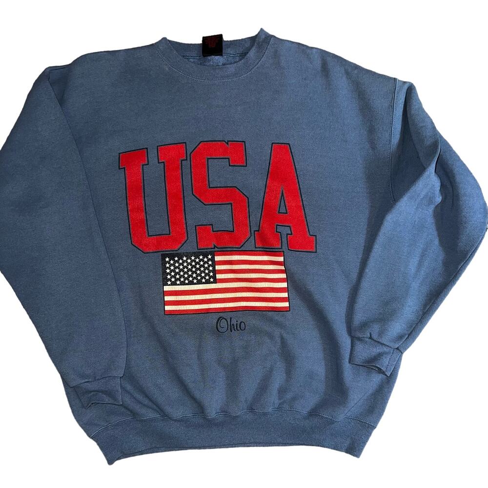 Vintage PM sports USA Flag OHIO navy blue crewneck sweatshirt size XL